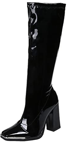 ORANDESIGNE Femmes Bottes Hautes en Cuir Verni à Bout Rond Fête Cuissarde Sexy Bottes Mode Talons Bloc Zipper Chunky Plateforme Warm Cuir Verni Prom Boots Mi-Bas Bottes D Noir 39 EU