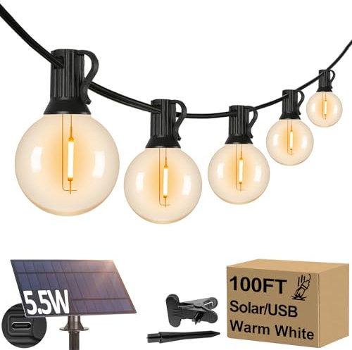 100FT G40 Solar String Lights, Globe Outdoor String Lights with 52 E12 Waterproof LED Bulbs, 2700K Shatterproof Patio Lights, Solar Powered Hanging Lights for Porch Garden Backyard Pergola Bistro Deck