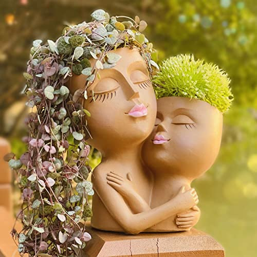 SUQEFAN Große doppelseitige Pflanzgefäße für Zimmerpflanzen, Köpfe, Blumentopf, Vase, einzigartige weibliche Statue, Blumentöpfe mit Drainageloch für Sukkulenten im Freien, DIY-Geschenke für Mama