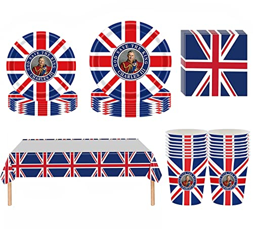 GALER King Charles Coronation Decor, 69PCS Union Jack Paper Plates Napkins and Cups Tablecloth, Kings Party Supplies Set Tableware Kit for 111 Decor (GALERKPA03231)