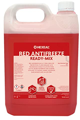 Hexeal Red Antifreeze 5L – 5L of Ready Mix Long Life Engine Coolant & Antifreeze for Cars & Vans – Summer & Winter – All Year Freeze Protection to -23 Degrees Celsius