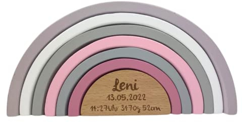 Geburtsgeschenk Regenbogen Farbe I Geschenk zur Geburt I Graviert I Regenbogen mit Namen & Geburtsdaten I Personalisierte Babygeschenke (Rosa)