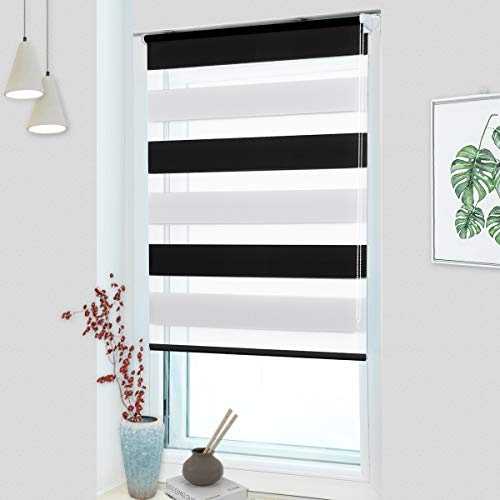 MupFup Doppelrollo Klemmfix ohne Bohren,Duo Rollo Klemmrollo Schwarz-Weiß 110 x 150cm(BxH), Lichtdurchlässig & Verdunkelnd Fensterrollo für Schlafzimmer, Badezimmer, Wohnzimmer Fenster und Tür