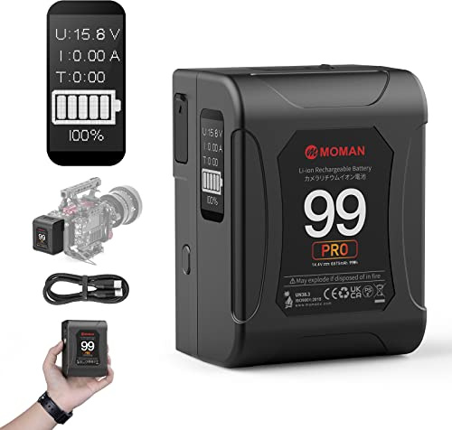 V Mount Batería,Moman Power 99 Pro V Lock Battery 99Wh/6875mAh con Salida D-Tap/USB-C/A, Primer OLED con indicación de la Hora para Vídeocamara Blackmagic BMPCC Cámara, Bateria-V-Mount-Mini-Battery