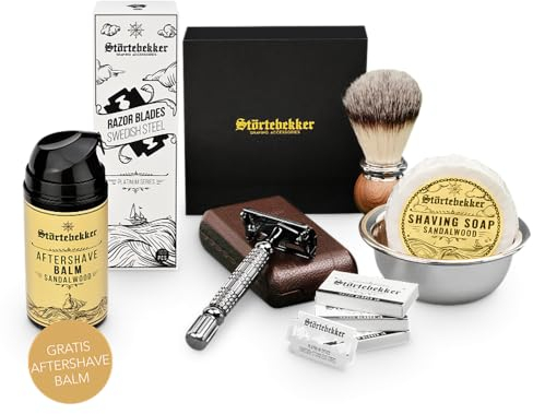 Störtebekker® Premium Anti Hautirritationen Set + Gratis Aftershave - Für eine perfekte Rasur - mit Rasierhobel, Rasierklingen, Rasierpinsel, Rasierschale, Rasierseife, Free After Shave, Geschenkidee