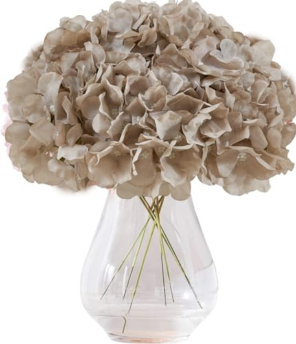 Kislohum Künstliche Hortensienblütenköpfe, Kunstblumen, Seidenblumen für Hochzeitsgestecke, Blumensträuße, DIY-Blumendekoration, Heimdekoration, mit Stiel, 10 Stück, Kaffee (Vase nicht im Lieferumfang