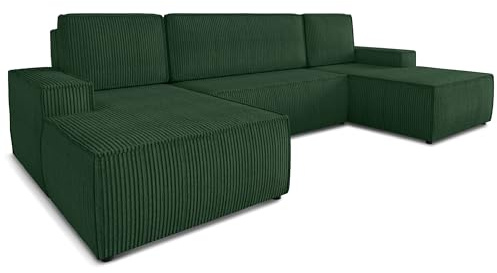 Sofnet Wohnlandschaft mit Schlaffunktion Totti - U-Form Couch, Schlafsofa mit Bettkasten, Couchgranitur mit Bettfunktion, Big Sofa, Cord Stoff, Wohnzimmer (Grün (Poso 014))