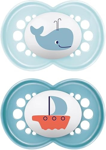 MAM Original Succhietto 16+ Mesi (Set da 2), Ciuccio MAM 16 36 mesi silicone con tettarella ortodontica, Kit da 2 accessori neonato con pratico porta ciuccio sterilizzatore, Azzurro/Blu