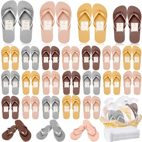 Unittype 24 Pairs Flip Flops Bulk for Wedding Guest Slippers Wedding Flip Flops with Cards Bags for Pool Beach Party(Brown, Rose Gold, Gold, Gray)