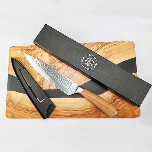 URUMAH Japanese Knife Ultra Sharp 13 inch Olive Wood Handle Blade Forged and Hammered Full Tang, high Carbon Stainless Steel, Case and Gift Box.