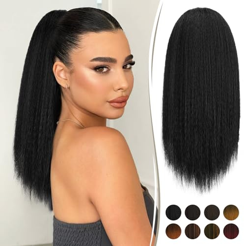 RUWISS Kordelzug Pferdeschwanz für Schwarze Frauen Yaki Gerade Pferdeschwanz Haarverlängerung 40 CM Dicke Pony Schwanz Clip im Synthetischen Pferdeschwanz Haarteil Natürlich Schwarz