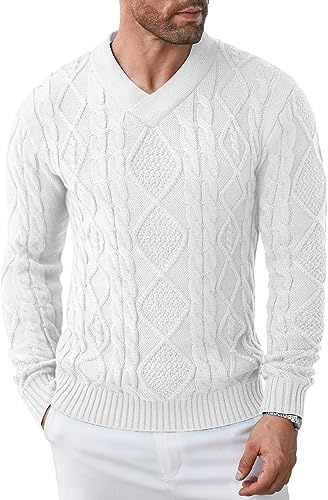 COOFANDY Maglione da Uomo Slim Fit con Scollo a V a trecce Maglione in Maglia di Cotone Maglione Invernale a Maniche Lunghe in Maglia fine-Bianco XL