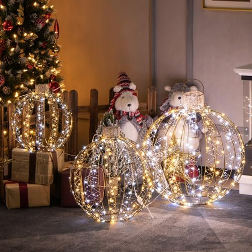 GYMAX 3 Pack Christmas LED Light Balls, Outdoor Xmas Hanging Light Spheres with 180 Warm Light & 180 White Light, 30 Cable Ties and 6 Stakes, Iron Frame Globe Lights in 3 Sizes for Tree, Lawn & Garden
