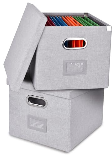 Umtiti 2 PCS Ablageboxen mit Deckel, Upgrade Hängemappenbox aus Faserplatte und Papier in stilvoller Leinenoptik，hellgrau,FGQH-S-2PCS-DE