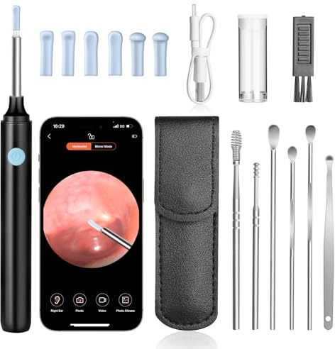 AiQInu Otoscopio 1080P HD Camara Limpiador de Oidos con WiFi,Endoscopio para Oidos con 6 luces LED Impermeable Kit Endoscopio de Oído para iPhone, iPad y Android