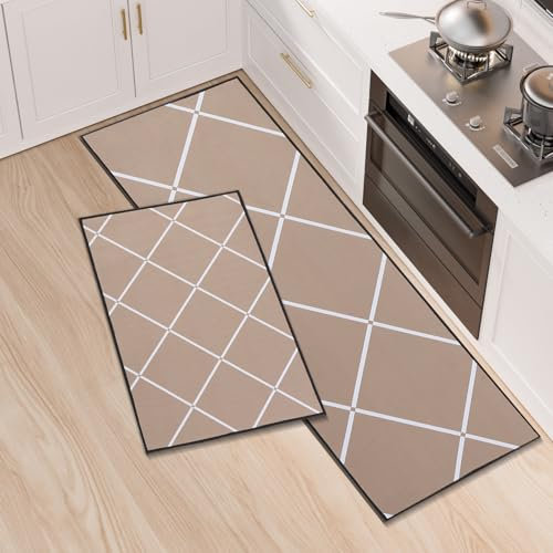LY4U Juego de 2 Alfombras de Cocina, Alfombrillas de Cocina Lavables, Corredera Antideslizante, Alfombrilla Absorbente para Entrada y Decoración del Hogar de Oficina, 43x75+43x120cm, Caqui