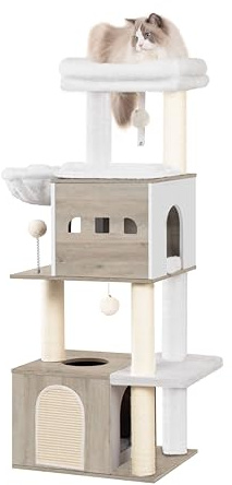 Hzuaneri 130 cm Torre para Gatos, 2 Cuevas para Gatos con Camas Acolchadas, Muebles para casa de Gato con 4 rascadores, Plataformas Grandes, rascador de Madera, Marfil Claro MS13205WT