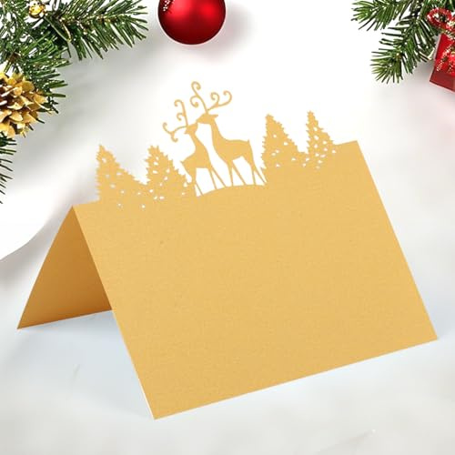 Lot de 50 marque-places de Noël pour table, cartes de nom de Noël, cartes de nom pour décoration de table, motif élan doré pour décoration de fête de mariage
