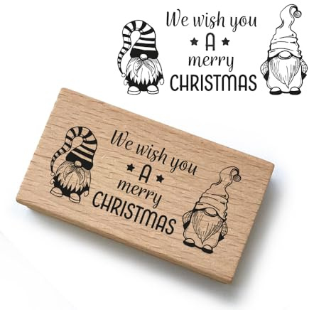 Timbro di Natale – motivo: gnomo – We wish you a merry Christmas – Dimensioni 62 x 30 mm – PR032 – Timbro in legno e gomma per il fai da te, timbri natalizi