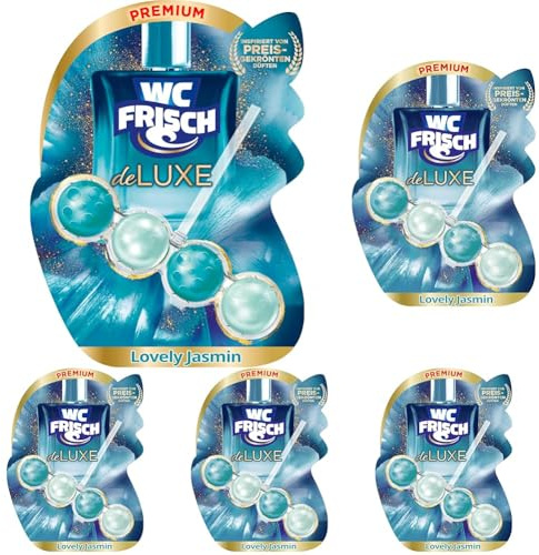 WC Frisch DeLuxe Lovely Jasmin (50 g), WC-Reiniger mit zartem Jasminduft, Duftsteine mit Parfümperlen für einen Parfüm-Boost bei jeder Spülung (Packung mit 5)