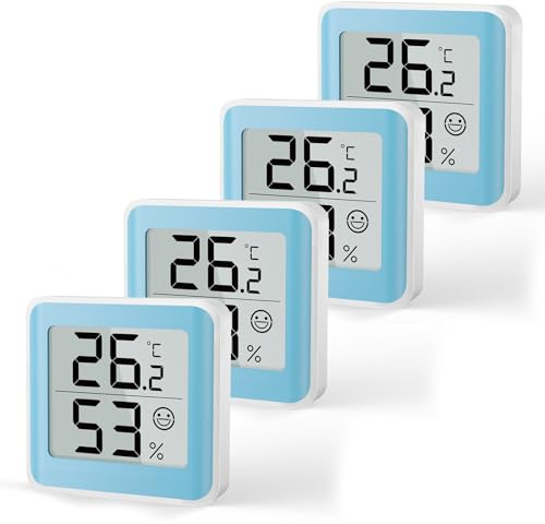 MeesMeek Thermomètre Bébé Intérieur, Hygromètre Numérique Chambre, Lot de 4 | Écran LCD, Icône Confort Smiley, Commutation ℃/℉, Pile CR2032 Incluse, Sécurité Bébé Vis, Blanc & Bleu