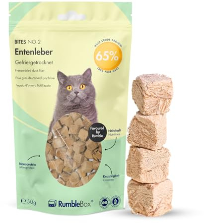 RumbleBox Snack liofilizados para Gatos – Hígado de Pato 100%, monoproteico (1 ingrediente Natural), sin azúcares ni Cereales, digestivo y Sabroso - 50 g