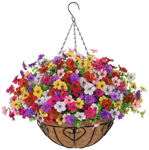 Weldomcor Künstliche Hängekörbe mit Blumen, DIY-Kette, Hängekorb, Blumentopf, mehrfarbig, künstliche Azaleen, Seidenblumen für Salon, Garten, Hochzeit, Terrasse, Veranda, Deck, Hof, Dekoration (1