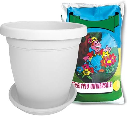 Sicignano - Vase rond avec soucoupe et terreau, plastique 100 % recyclable, drainage réglable, design moderne classique, intérieur extérieur, pour plantes fleurs jardin (blanc, 50 cm)