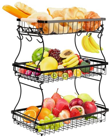 VINATO Frutero de 3 Niveles de Metal – Organizador Moderno con Asas de Madera, para Cocina, Baño & Más – Ideal para Frutas, Verduras & Almacenamiento, Negro