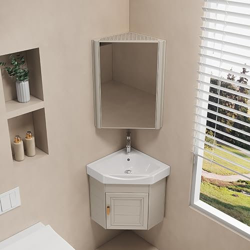 MYUYEE sinkCompact Badezimmerwaschbecken Eckwaschtisch mit Waschbecken Eckwaschtisch-Kombination mit heißem und kaltem Wasserhahnablauf Wandmontiertes Schrankset für,Eine Farbe - 38 x 38 cm