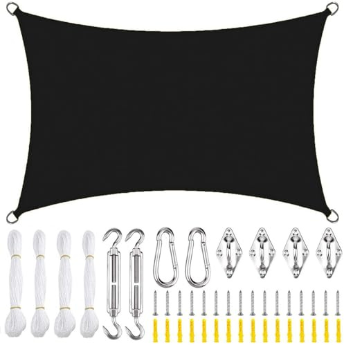KSITH- Fly Sun Shade Sail Rectangle, UV Waterproof Oxford cloth Canopy Sail Shades,Outdoors Garden Patio Party Sun Shade Sail with Free Rope Hardware Kit-black||2x1.8m(6.5x6ft)