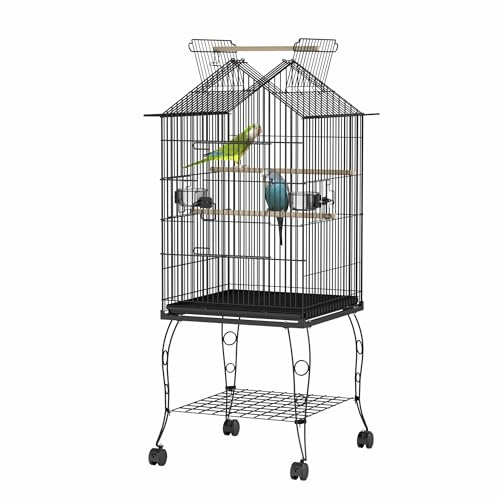 LILIIN Vogelvoliere Vogelkäfig Großer Vogelhaus Papageienkäfig mit Ständer und Rollen Metall Vogelbauer Käfig Vogel für Finken Kanarienvögel Wellensittiche, Schwarz, 55x55x145cm (mit Offenem Dach)