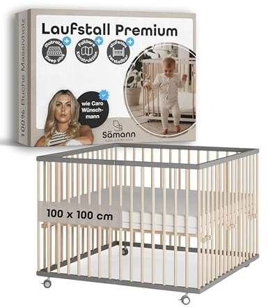 Sämann Faltbarer Baby Laufstall aus Holz I Grau/Natur 100x100 cm I Inkl. Matratze SleepPlus I Höhenverstellbares Babybett aus Buchenholz I Laufgitter mit gummierten Rollen I TÜV geprüft