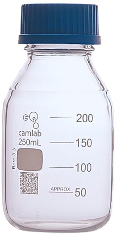 Camlab Graduated 3,3 Borosilicate Glass Reagent Bottle, With Screw Cap, Chemically Resistant and Heat Resistant, 250ml Glass Beaker, Pack of 1
