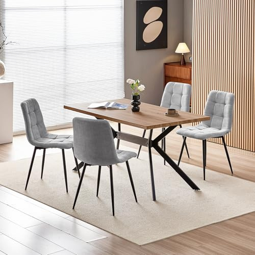 WAFTING Essgruppe Esstisch mit 4 Stühlen, 140×80×73cm Esstisch mit Dunkle Holzmaserung, und Gepolsterte Grau Esszimmerstühle mit Leinendesign und hoher Rückenlehne, für Esszimmer Küche, Wohnzimmer