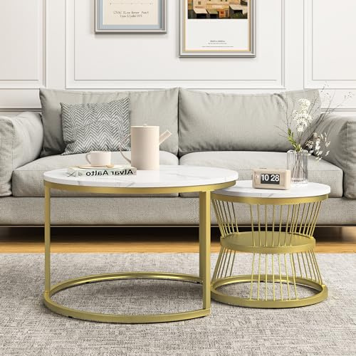 BLSYHDH Kaffeetische mit Schubladen, rundes Tischset Set von 2 Beistelltischen mit Stauraum aus Metall, kleine Beine, runde Beistelltische für Wohnzimmer, Balkon und Büro, 2-teiliges Set