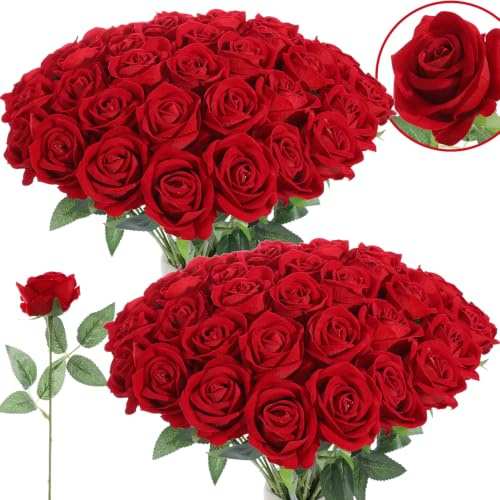 Cloudecor 50Pcs Red Roses Artificial Flowers Fake Roses Faux Velvet Silk Flower for Home Wedding Decoration (Pearl Rose, Red)