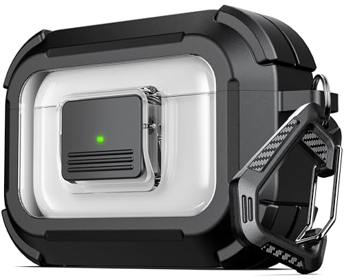 RFUNGUANGO MagSafe Schutzhülle für AirPods Pro 2/1 Hard Case Schwarz | MagSafe kompatibel, sichtbare Front-LED, Ein-Tasten-Öffnung, inkl. Karabiner & Reinigungsset, stoßfest hartes Gehäuse