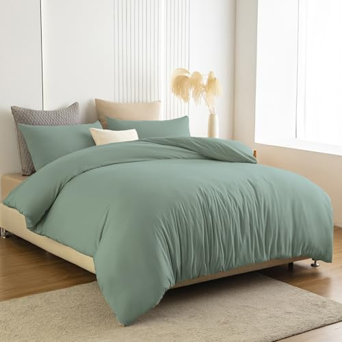 Soifox Bettwäsche 140x200 Grün - Bettwäsche Sets aus Mikrofaser Bügelfrei & Knitterfrei - 1 mal Bettbezug + 1 mal 80x80cm Kissenbezug mit Reißverschluss