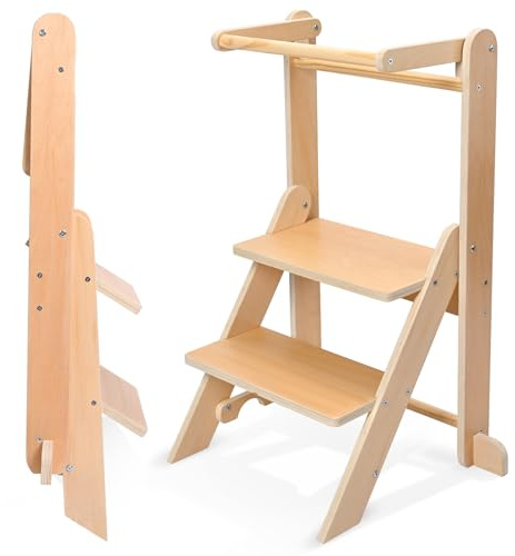 Foldable Learning Tower - Space Saving Montessori Kitchen Helper Tower, Adjustable Step Stool for Children 18 Months to 5 Years (50kg/110lbs Capacity)