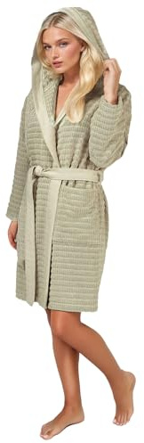 Artower® Damen Bademantel Boho, Frottee 100% Baumwolle, Morgenmantel mit Kapuze, leicht, knielang
