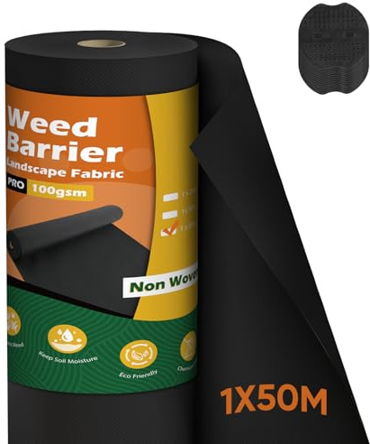 iropro Toile de Paillage 50m X 1 m, 50 m² Geotextile avec 25 Rondelles, 100 g/m² Bâche Résistante À La Déchirure Perméable À l'eau, Rouleau de Toile de Paillage, Film Anti Mauvaise Herbe
