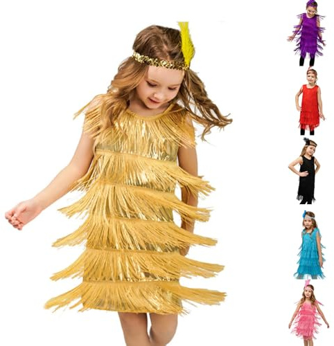 Vestido Baile de Lentejuelas Niñas Vestidos con Flecos para Niña Vestido de Tango con Borla Vestidos Salón de Baile Latin con Diadema de Plumas para Espectáculo de Escenario (1 Yellow, 7-9 Years)