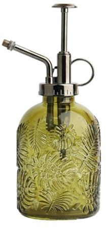 Ciieeo Botella Pulverizadora de Vidrio 350 Ml para Jardín, Pulverizador de Bomba Manual Diseño de Hoja Monstera, Color Verde Militar Boquilla Cobre, Regadera Pequeña para Plantas
