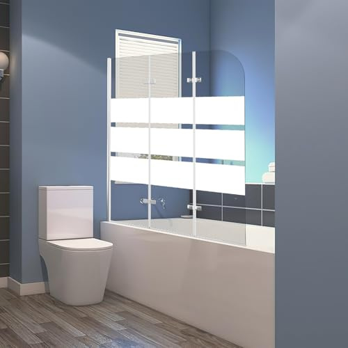 Eikuavons Paroi de douche pliable en 3 parties - Paroi de douche pour baignoire - 100 x 140 cm - Verre de sécurité ESG de 6 mm avec nano-revêtement - Rotation à 180° - Orné d'un motif à rayures