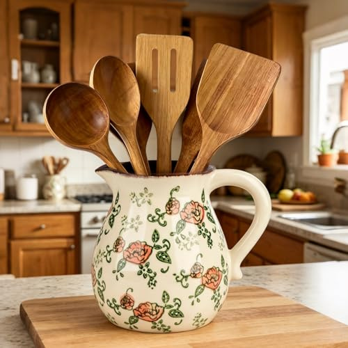 Porta Utensili da Cucina in Ceramica, Vaso per Utensili da Cucina (Giallo)