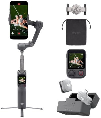 DJI Osmo Mobile 8P Stabilizzatore + Mic Mini 2 (1 TX + 1 RX mobile + Custodia di ricarica), Modulo di Tracciamento, Telecomando, Tracciamento Nativo, Stabilizzazione su tre assi