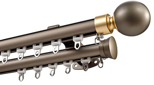 Champagne dubbel gardinstång 100–600 cm justerbar väggmonterad draperiskena rumsavdelare med runda kuländstycken och installationshårdvara (280 cm/9,2 fot)