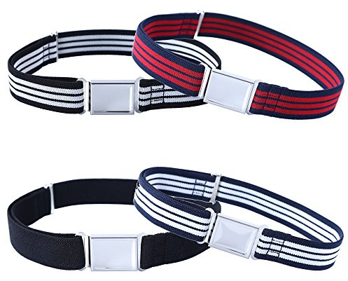 Kajeer 4 Pzs Cinturón magnético ajustable para niños de - Cinturón elástico grande elástico con hebilla magnética fácil para niños de 2 a 15 años y niñas (3 Rayas/Negro)