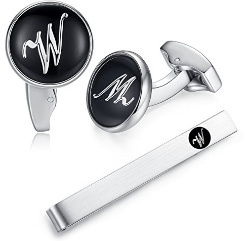 HONEY BEAR manschettenknöpfe & krawattennadel Krawattenklammer Set Initialen Buchstabe Herren Edelstahl Hochzeit Cufflinks Manschettenknopf Schwarz (W)
